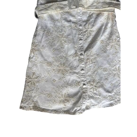 Solitaire Women Denim Dress S White Floral Belted Short Sleeve w/ Pockets - Picture 7 of 16